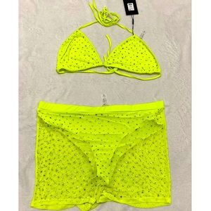 NWT Woman Fashion Nova Rhinestone Lime Green Two Piece Swimsuit.